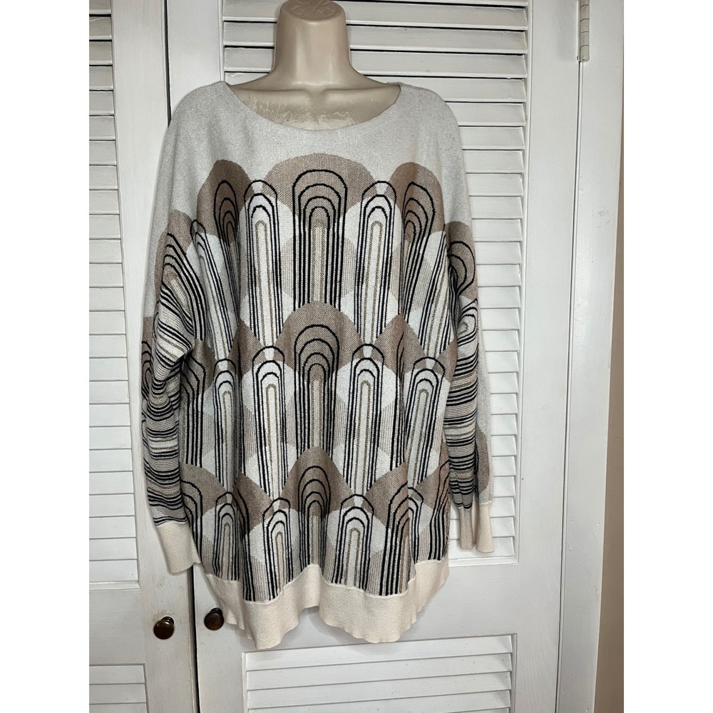Chicos Art Deco Geometric Metallic Knit Sweater Tan Black Cream Size 4 XXL